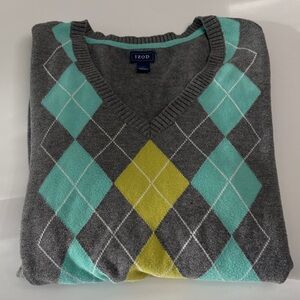 Izod Men’s Gray V-Neck Argyle Sweater with Teal and Yellow Diamonds Size L